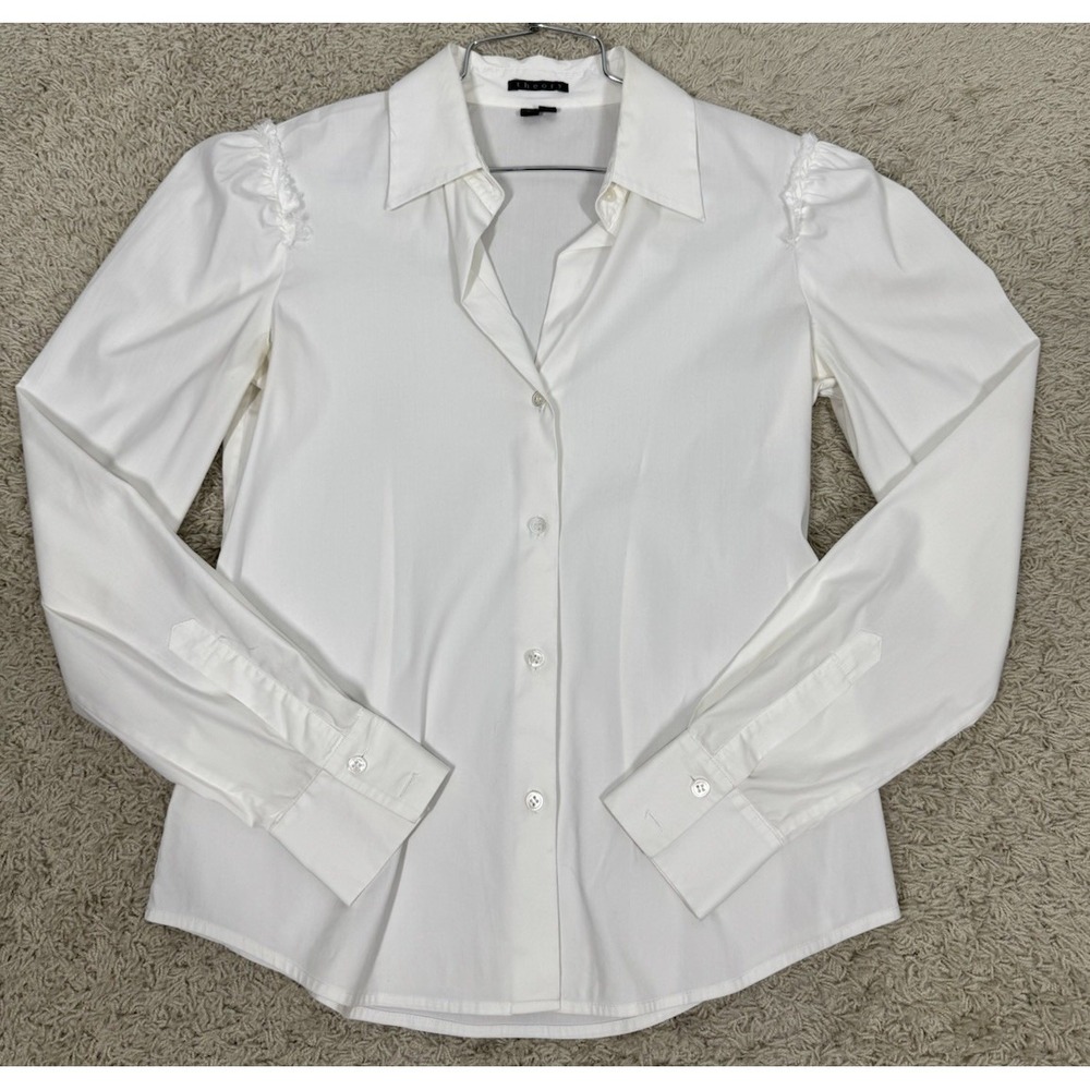 Theory Fitted Stretchy Long Sleeve White Button Up Shirt Office Siren Size S